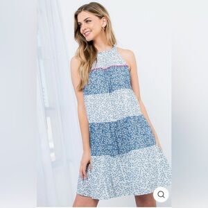 THML HALTER FLOWER PRINT DRESS Blue Floral Halter Dress Size Small EUC